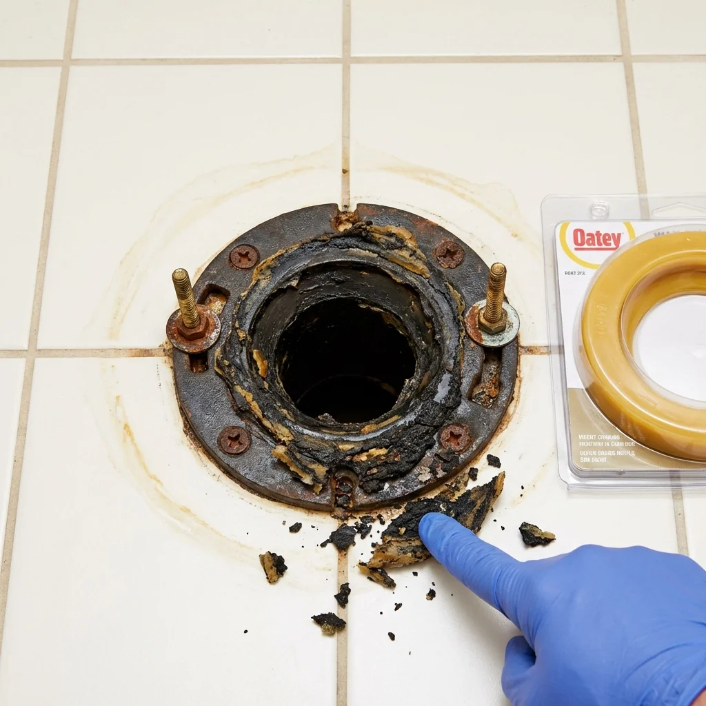 Failed wax ring showing water seepage at the base of a toilet in a Jacksonville, FL home